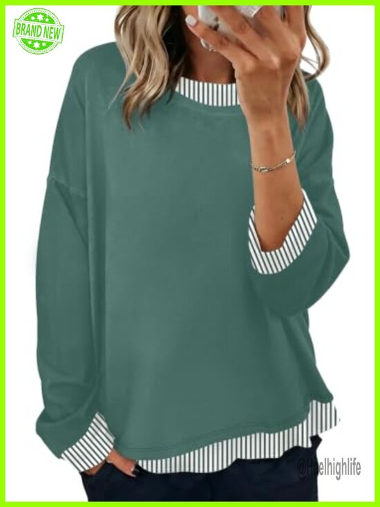 Sweaters - Womens Oversized Crewneck Sweatshirt Striped Trim Pullover Long Sleeve Casual